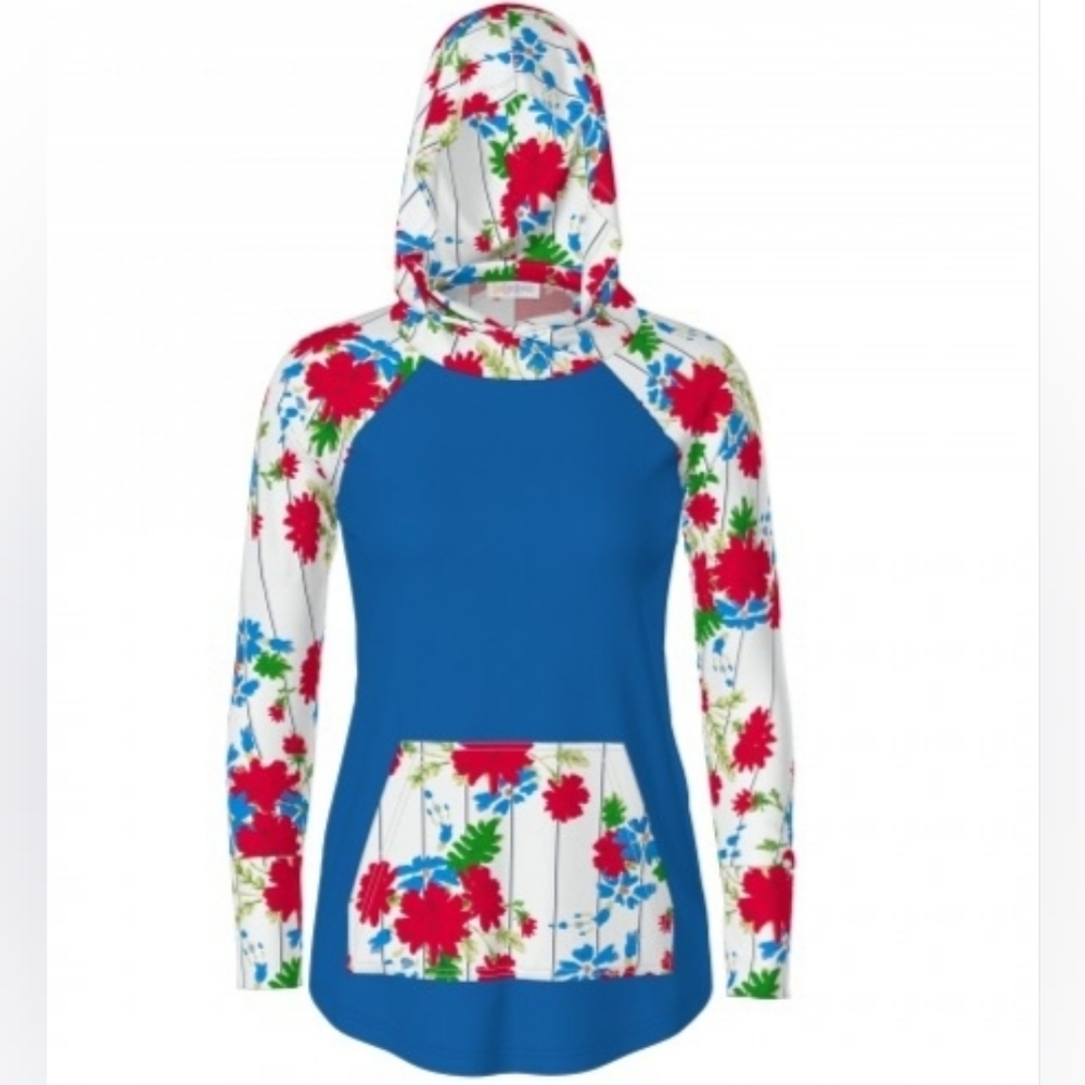 Red floral and solid blue hoodie